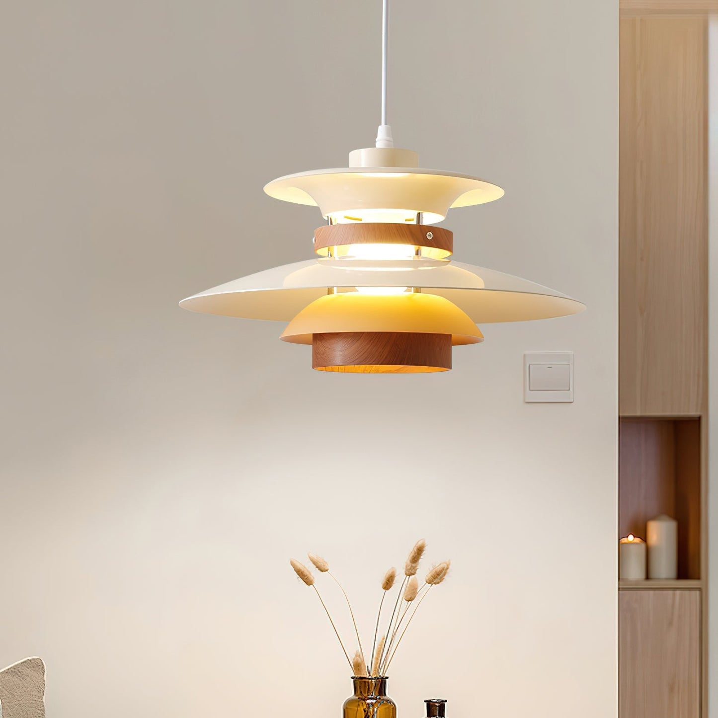 Mercero Pendant Lamp Dia 13.8″ x H 7.5″ / Dia 35cm x H 19cm / White + walnut wood Pendant light