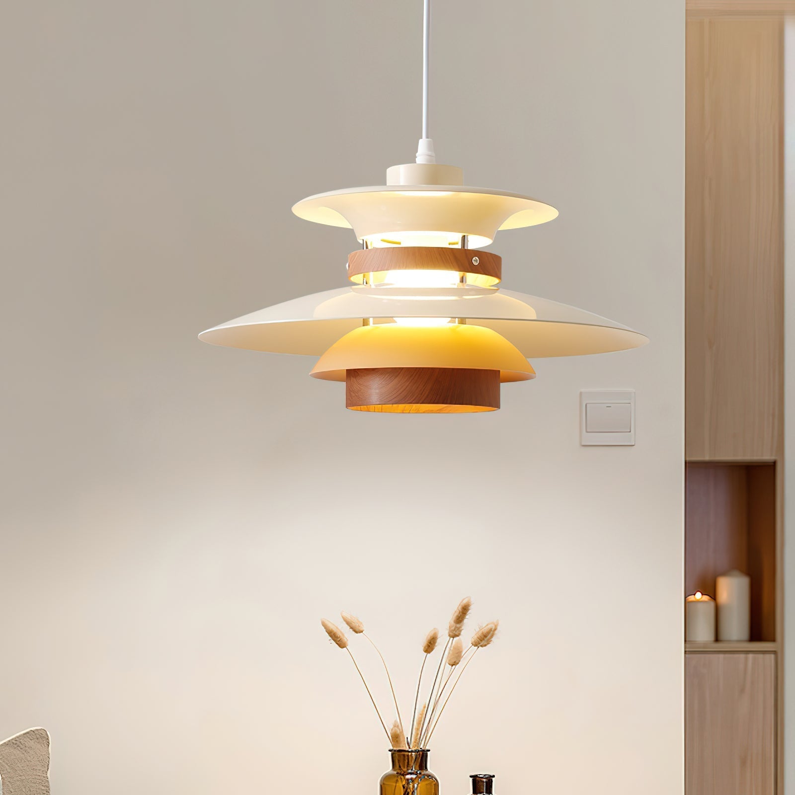 Mercero Pendant Lamp Dia 13.8″ x H 7.5″ / Dia 35cm x H 19cm / White + walnut wood Pendant light