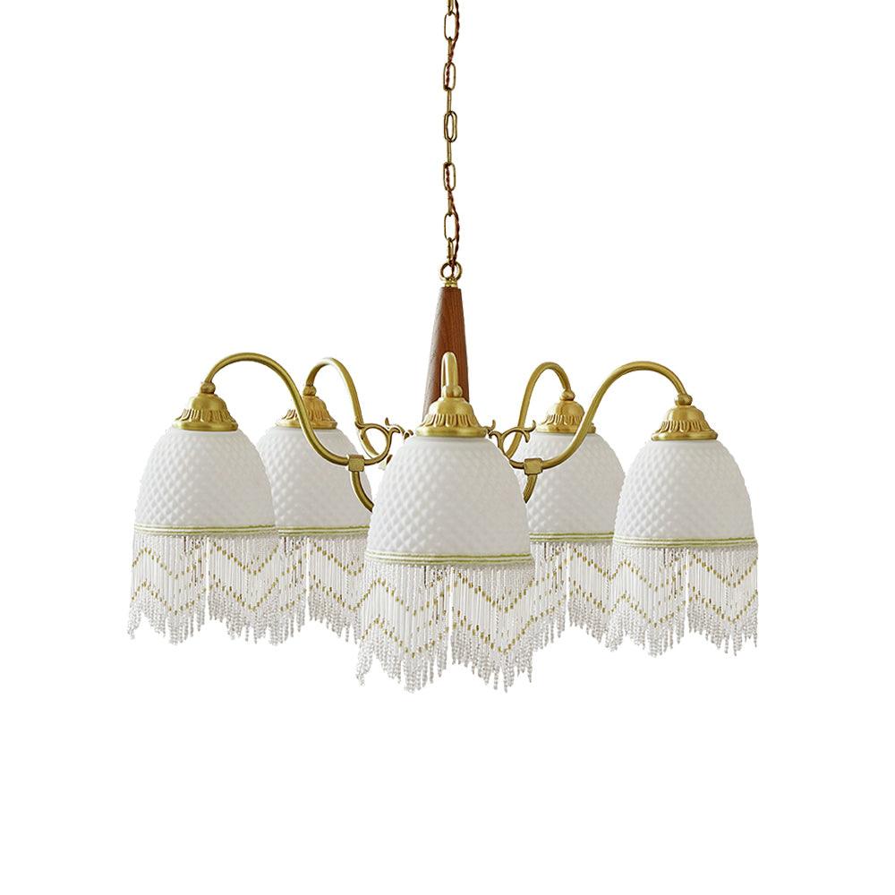 Mesh Tassel Glass Chandelier 5 heads Dia 24.4″ x H 16.5″ / Dia 62cm x H 42cm / Brass + White Chandelier