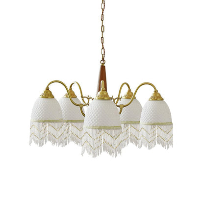 Mesh Tassel Glass Chandelier 5 heads Dia 24.4″ x H 16.5″ / Dia 62cm x H 42cm / Brass + White Chandelier