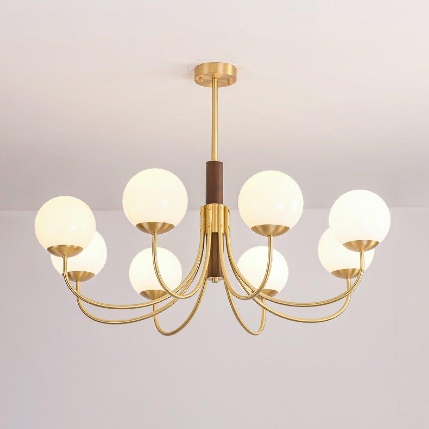 Midas Touch Walnut Sphere Chandelier 8 heads Dia 37.4″ x H 30.3″ / Dia 95cm x H 77cm / Brass & Walnut color & White