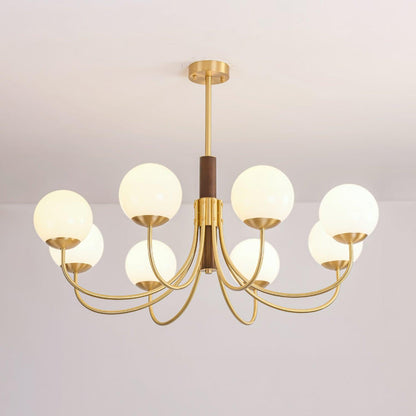 Midas Touch Walnut Sphere Chandelier 8 heads Dia 37.4″ x H 30.3″ / Dia 95cm x H 77cm / Brass & Walnut color & White