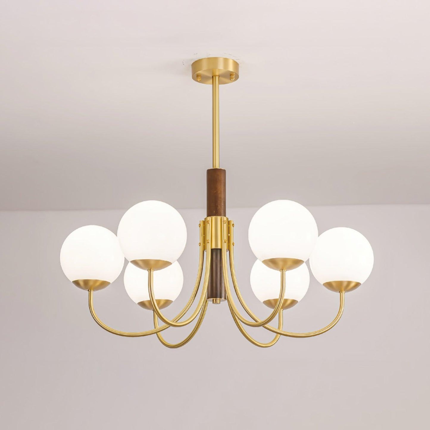 Midas Touch Walnut Sphere Chandelier 6 heads Dia 29.5″ x H 30.3″ / Dia 75cm x H 77cm / Brass & Walnut color & White