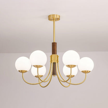 Midas Touch Walnut Sphere Chandelier 6 heads Dia 29.5″ x H 30.3″ / Dia 75cm x H 77cm / Brass & Walnut color & White