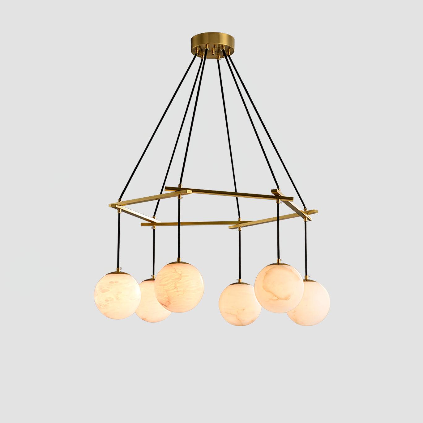 Miira Alabaster Chandelier 6 heads Dia 29.5″ x H 59″/ Dia 75cm x H 150cm / Brass & White Alabaster Chandelier