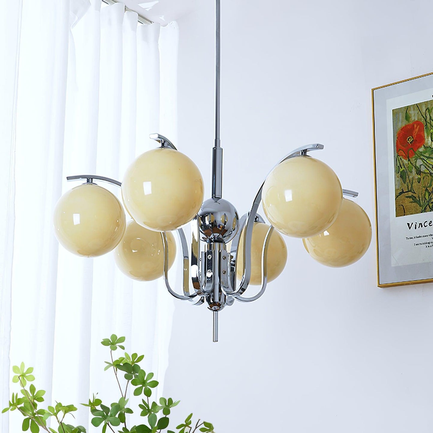 Modo Deco Chandelier 6 heads Dia 26.7″ x H 15.7″/ Dia 68cm x H 40cm / Chrome & Beige Chandelier