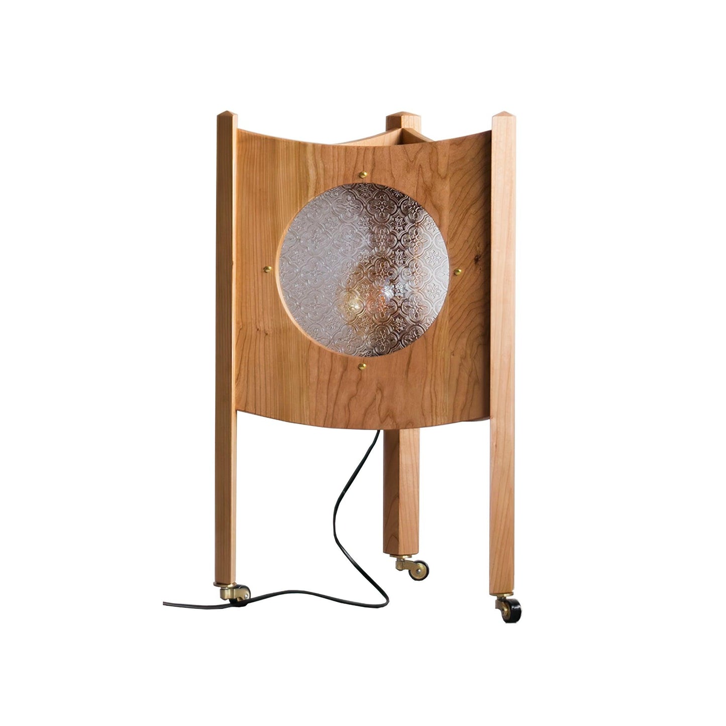 Orbis Mobile Table Lamp L 13.4″ x W 13.4″ x H 22.8″ / L 34cm x W 34cm x H 58cm / Cherry wood color & Pattern frosted