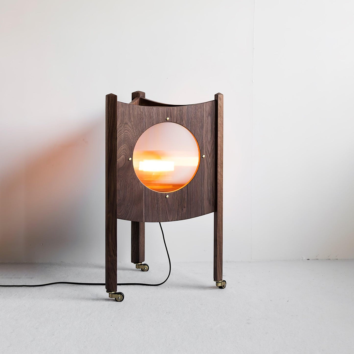 Orbis Mobile Table Lamp L 13.4″ x W 13.4″ x H 22.8″ / L 34cm x W 34cm x H 58cm / Black walnut wood & Pinstripe frosted