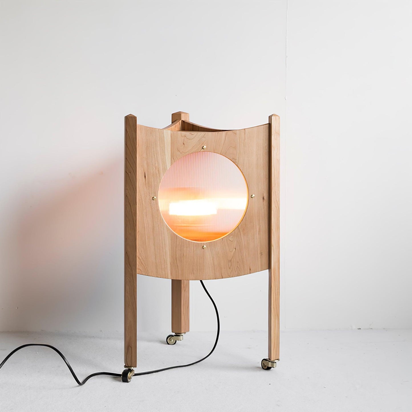 Orbis Mobile Table Lamp L 13.4″ x W 13.4″ x H 22.8″ / L 34cm x W 34cm x H 58cm / Cherry wood color & Pinstripe frosted