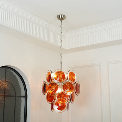 Murano Orange Disk Glass Chandelier Dia 19.7″ x H 21.3″ / Chrome & Orange Chandelier