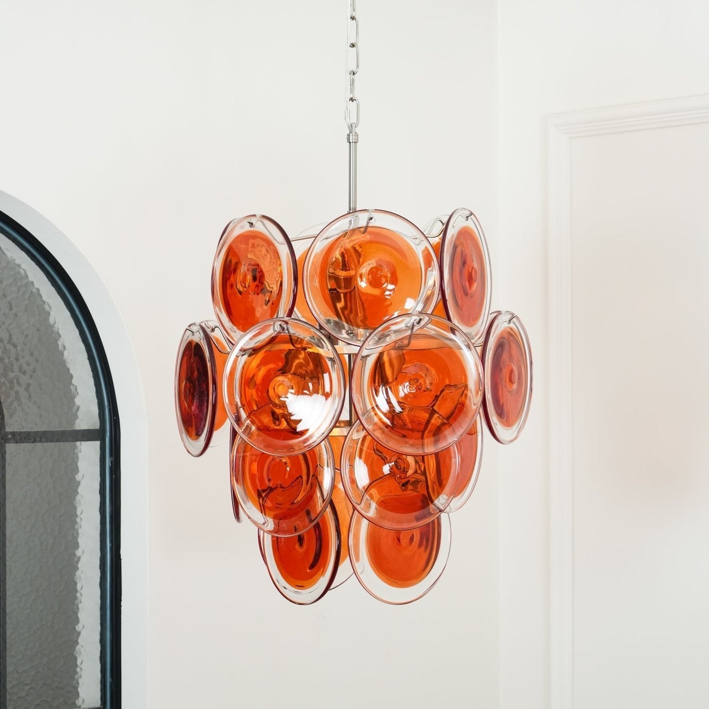 Murano Orange Disk Glass Chandelier Dia 19.7″ x H 21.3″ / Chrome & Orange Chandelier