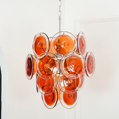 Murano Orange Disk Glass Chandelier Dia 19.7″ x H 21.3″ / Chrome & Orange Chandelier