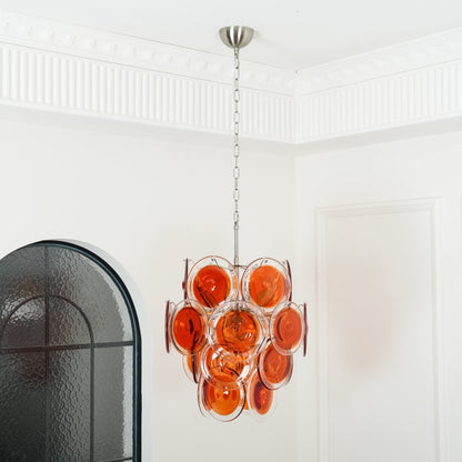Murano Orange Disk Glass Chandelier Dia 19.7″ x H 21.3″ / Chrome & Orange Chandelier