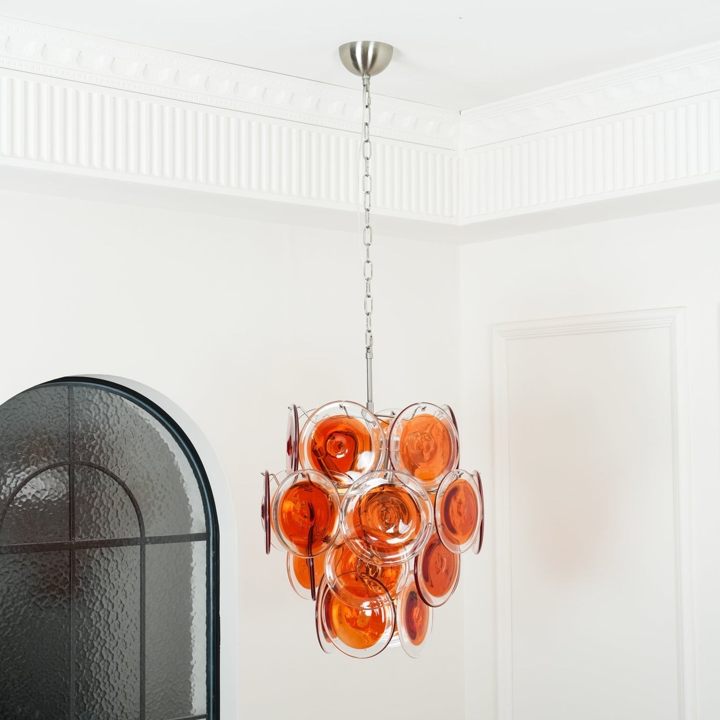 Murano Orange Disk Glass Chandelier Dia 19.7″ x H 21.3″ / Chrome & Orange Chandelier