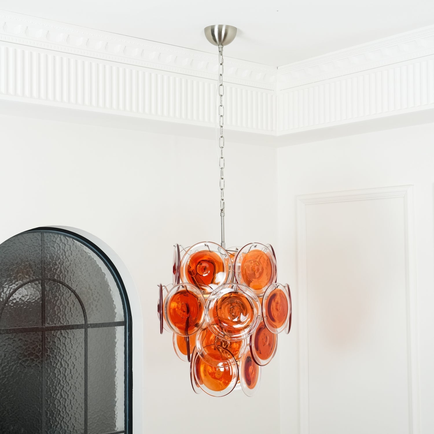 Murano Orange Disk Glass Chandelier Dia 19.7″ x H 21.3″ / Chrome & Orange Chandelier