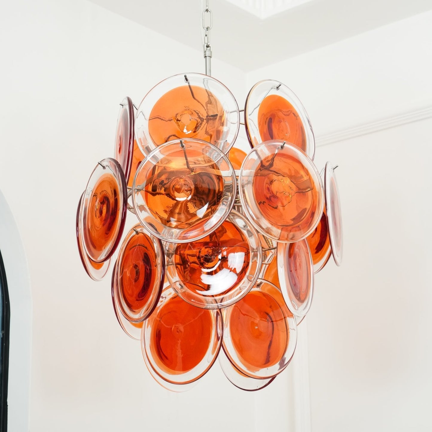 Murano Orange Disk Glass Chandelier Dia 19.7″ x H 21.3″ / Chrome & Orange Chandelier