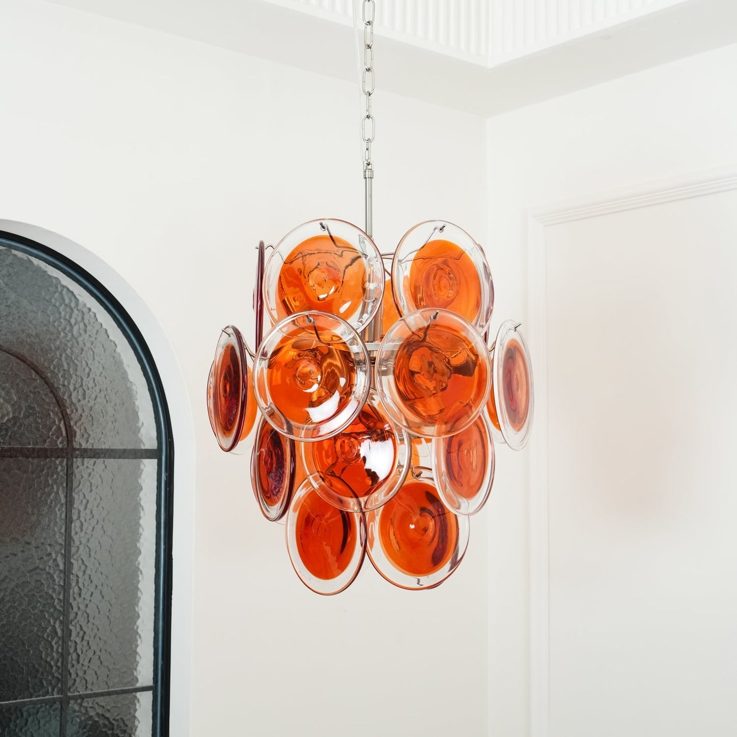 Murano Orange Disk Glass Chandelier Dia 19.7″ x H 21.3″ / Chrome & Orange Chandelier
