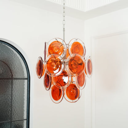 Murano Orange Disk Glass Chandelier Dia 19.7″ x H 21.3″ / Chrome & Orange Chandelier