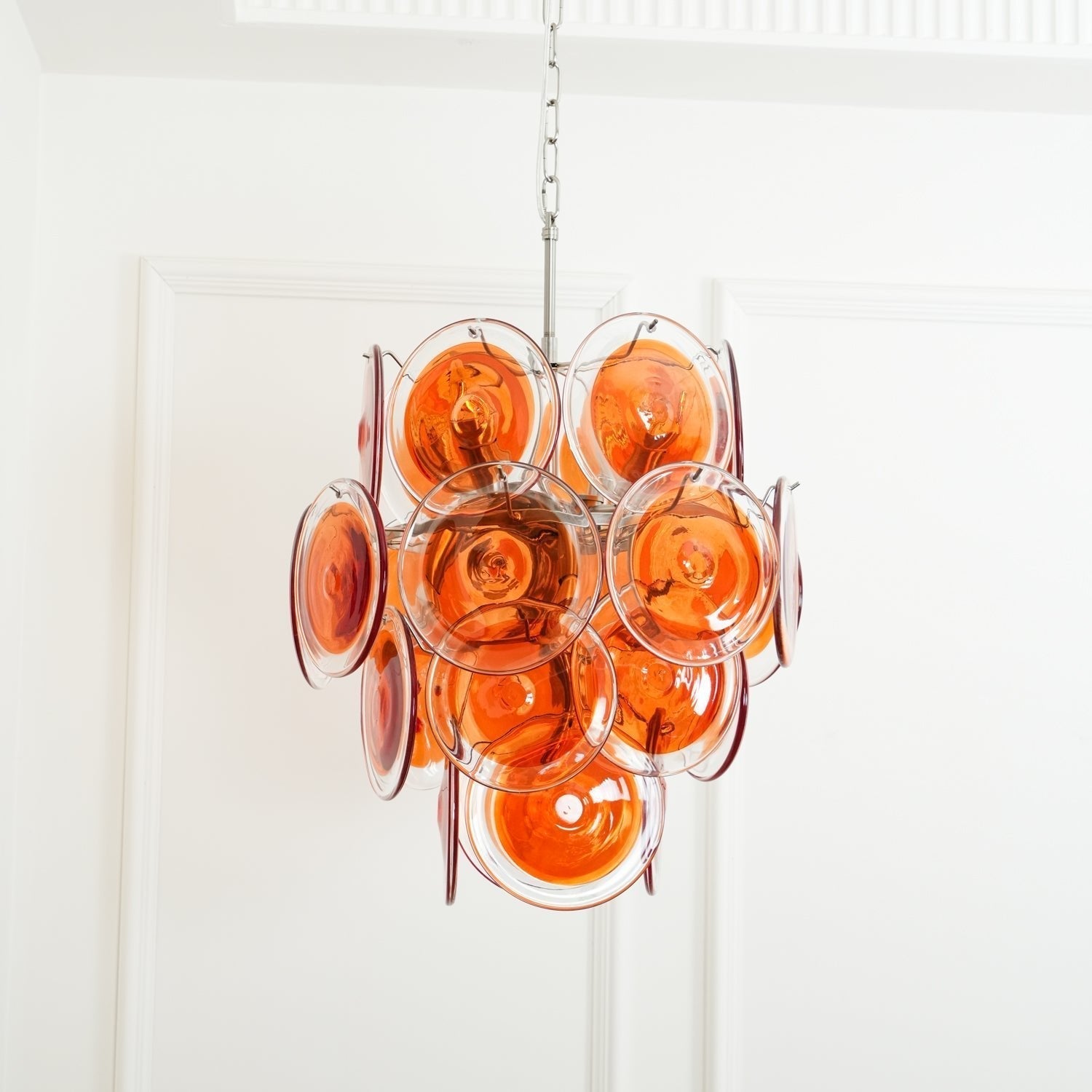 Murano Orange Disk Glass Chandelier Dia 19.7″ x H 21.3″ / Chrome & Orange Chandelier