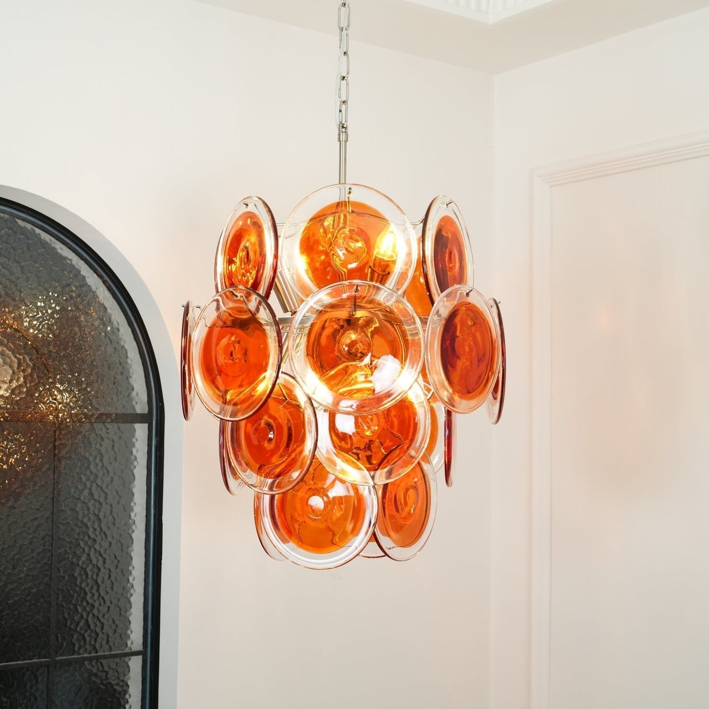 Murano Orange Disk Glass Chandelier Dia 19.7″ x H 21.3″ / Chrome & Orange Chandelier