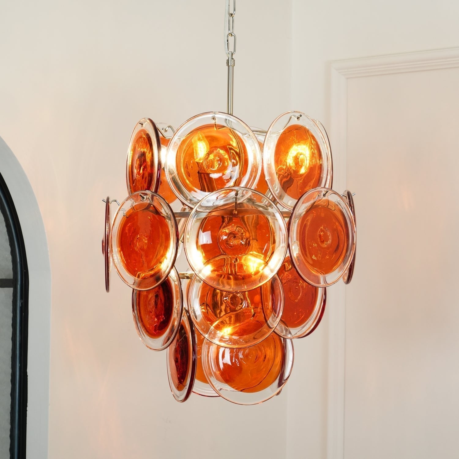Murano Orange Disk Glass Chandelier Dia 19.7″ x H 21.3″ / Chrome & Orange Chandelier