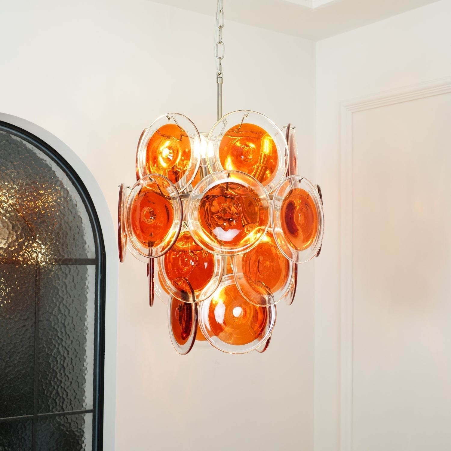Murano Orange Disk Glass Chandelier Dia 19.7″ x H 21.3″ / Chrome & Orange Chandelier