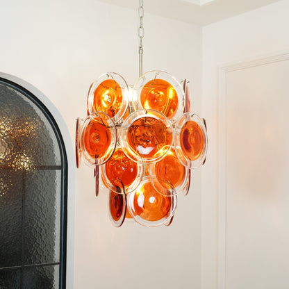 Murano Orange Disk Glass Chandelier Dia 19.7″ x H 21.3″ / Chrome & Orange Chandelier