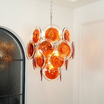 Murano Orange Disk Glass Chandelier Dia 19.7″ x H 21.3″ / Chrome & Orange Chandelier