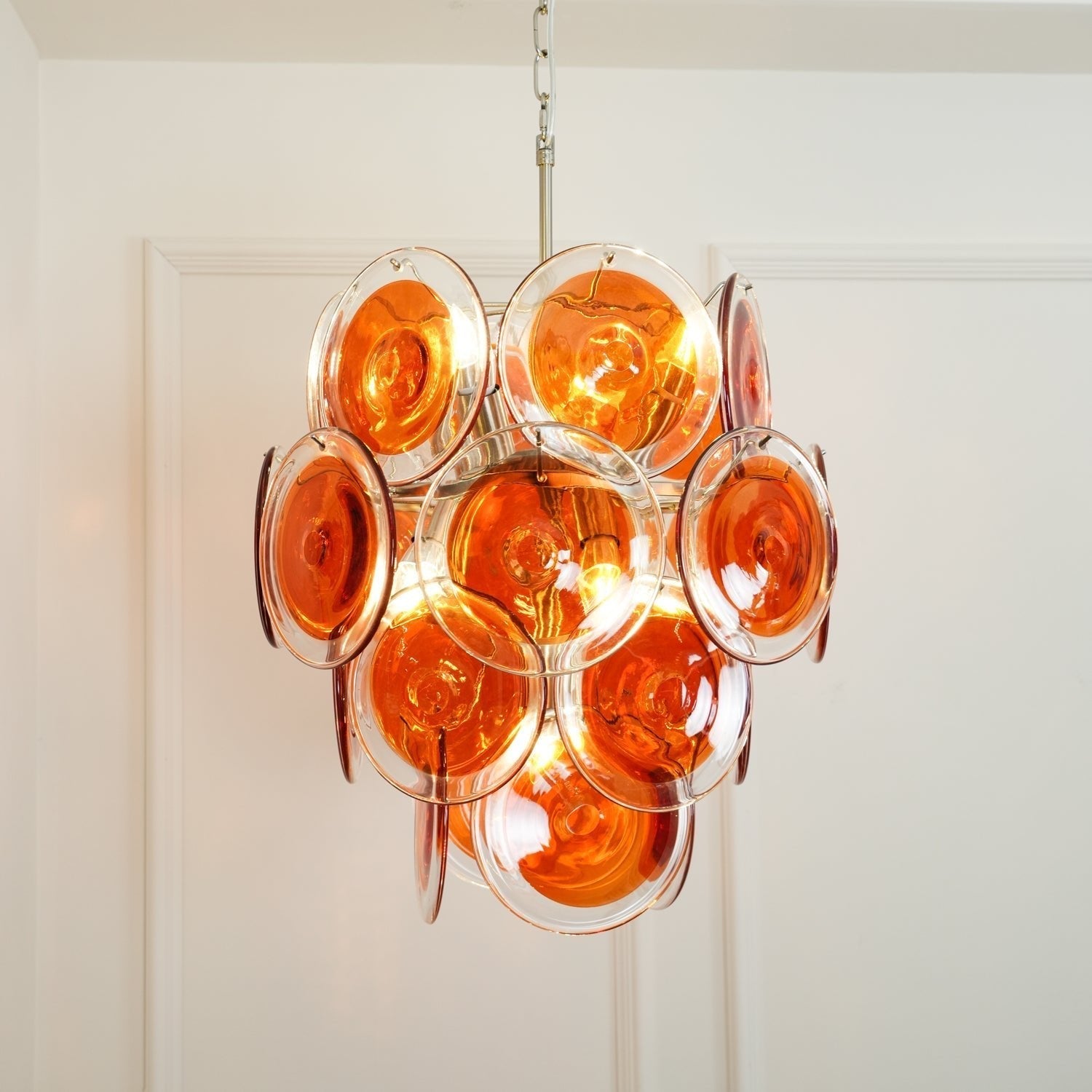 Murano Orange Disk Glass Chandelier Dia 19.7″ x H 21.3″ / Chrome & Orange Chandelier