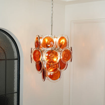 Murano Orange Disk Glass Chandelier Dia 19.7″ x H 21.3″ / Chrome & Orange Chandelier