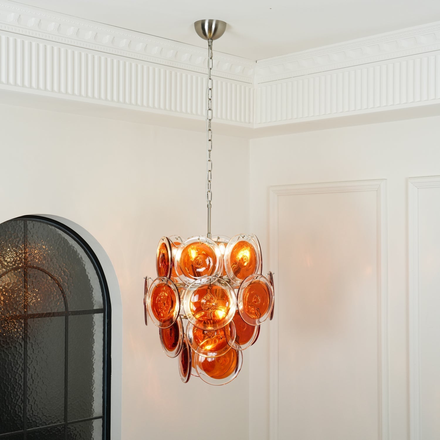 Murano Orange Disk Glass Chandelier Dia 19.7″ x H 21.3″ / Chrome & Orange Chandelier