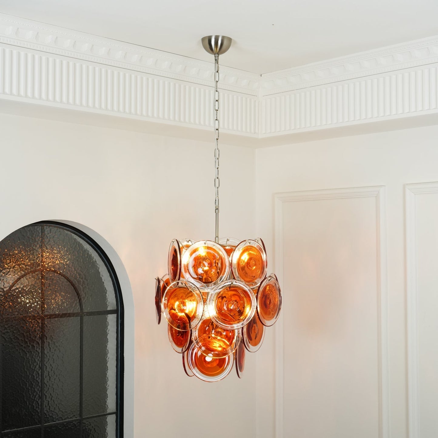 Murano Orange Disk Glass Chandelier Dia 19.7″ x H 21.3″ / Chrome & Orange Chandelier