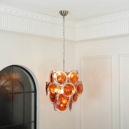 Murano Orange Disk Glass Chandelier Dia 19.7″ x H 21.3″ / Chrome & Orange Chandelier