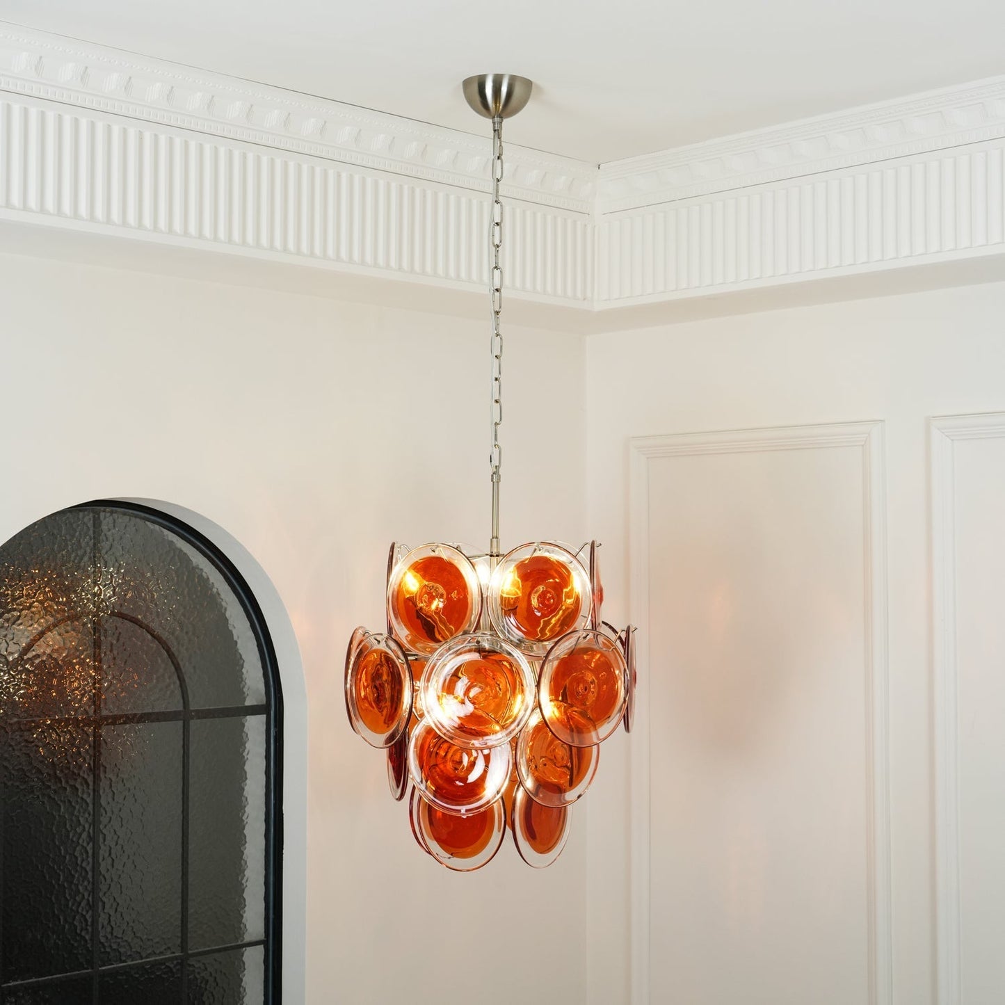 Murano Orange Disk Glass Chandelier Dia 19.7″ x H 21.3″ / Chrome & Orange Chandelier