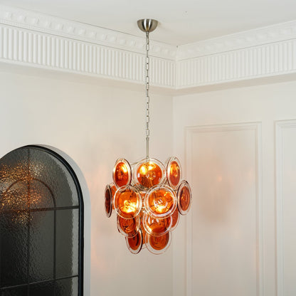 Murano Orange Disk Glass Chandelier Dia 19.7″ x H 21.3″ / Chrome & Orange Chandelier