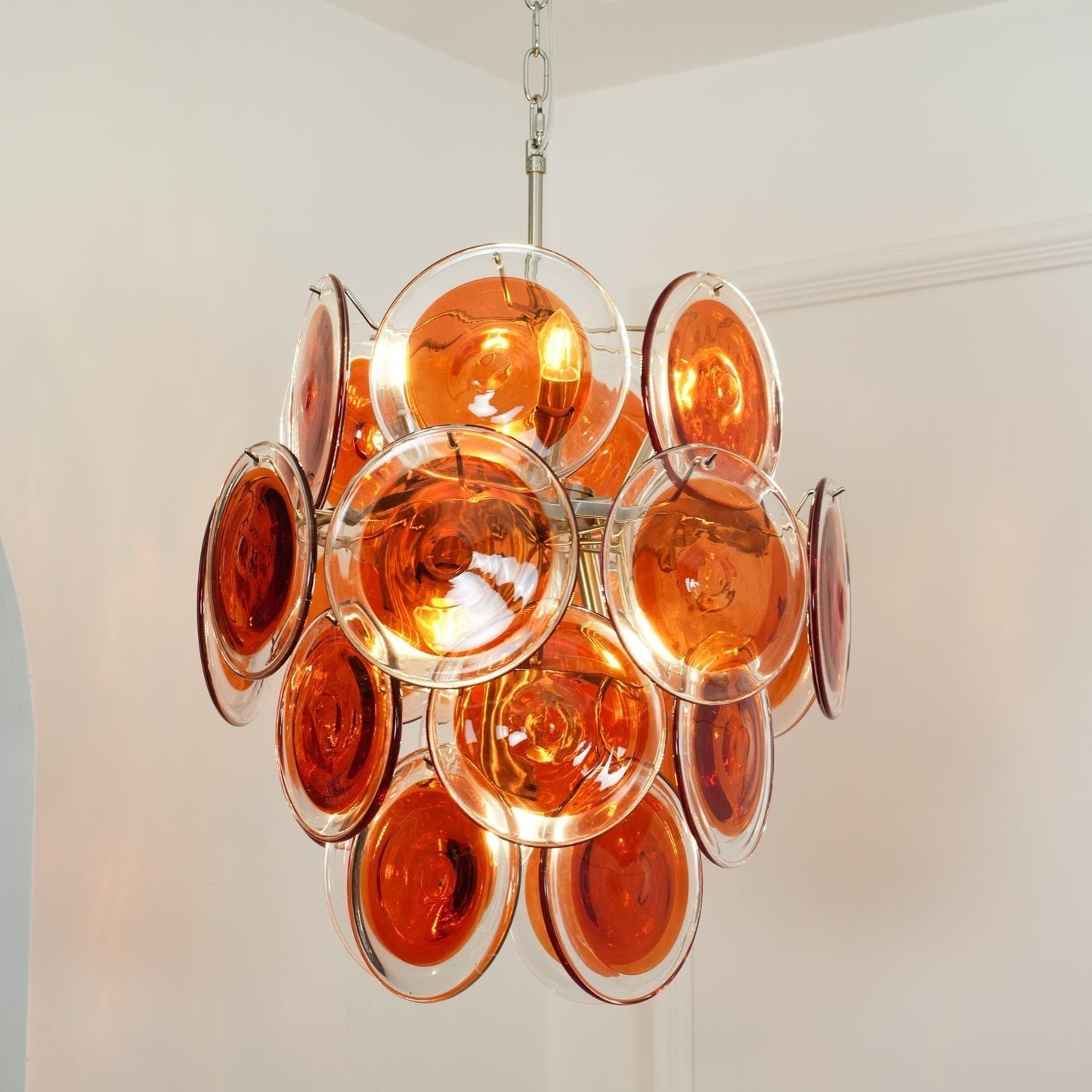 Murano Orange Disk Glass Chandelier Dia 19.7″ x H 21.3″ / Chrome & Orange Chandelier