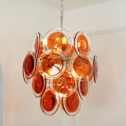 Murano Orange Disk Glass Chandelier Dia 19.7″ x H 21.3″ / Chrome & Orange Chandelier