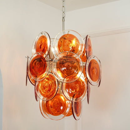 Murano Orange Disk Glass Chandelier Dia 19.7″ x H 21.3″ / Chrome & Orange Chandelier