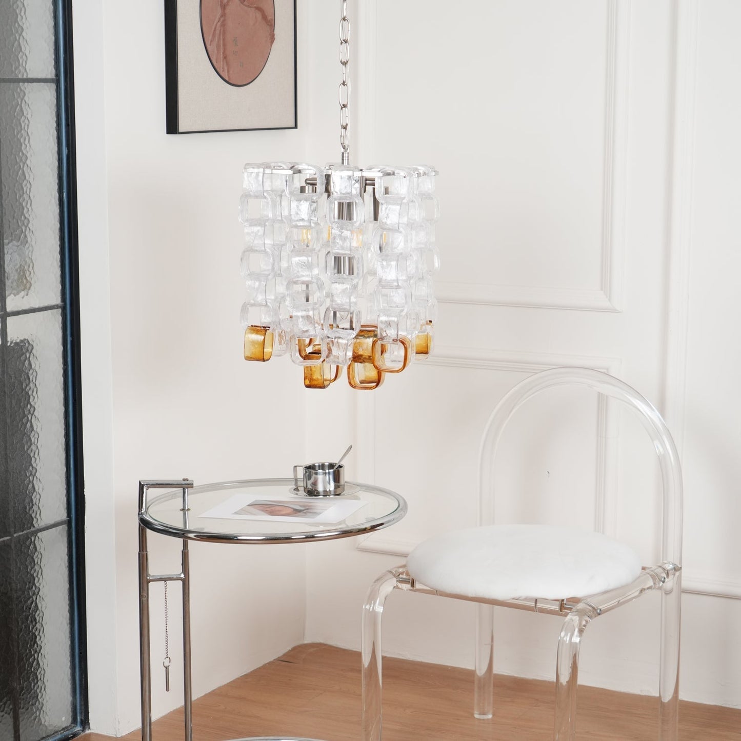 Murano Poliarte Interlocking Chandelier ? 12.6″ x H 16.1″ / Clear & Amber & Chrome Chandelier