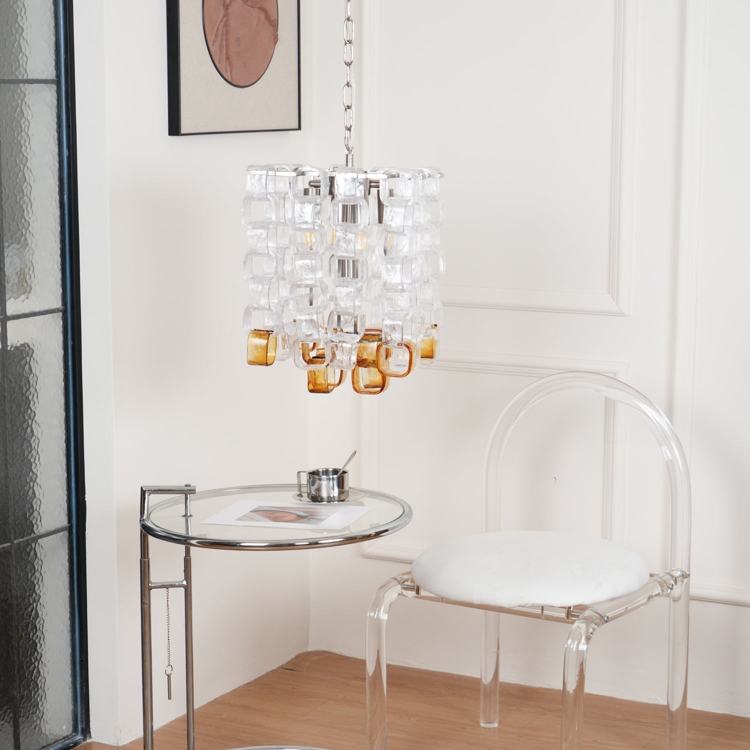 Murano Poliarte Interlocking Chandelier ? 12.6″ x H 16.1″ / Clear & Amber & Chrome Chandelier