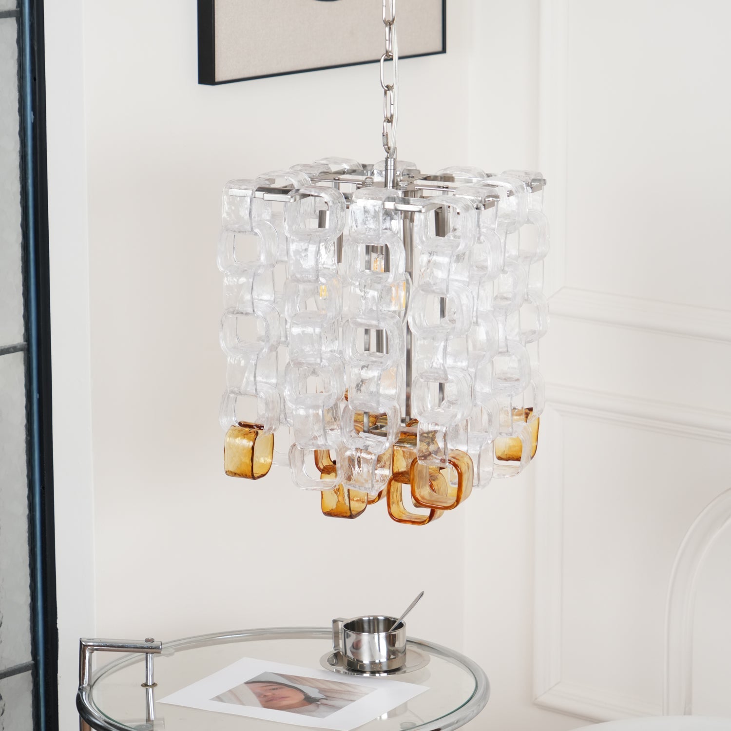 Murano Poliarte Interlocking Chandelier ? 12.6″ x H 16.1″ / Clear & Amber & Chrome Chandelier