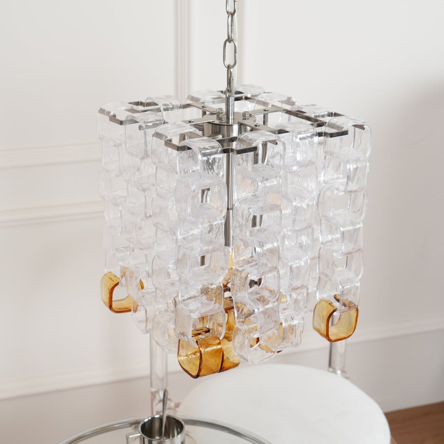 Murano Poliarte Interlocking Chandelier ? 12.6″ x H 16.1″ / Clear & Amber & Chrome Chandelier
