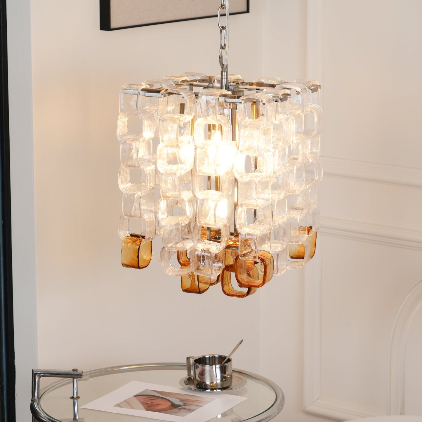Murano Poliarte Interlocking Chandelier ? 12.6″ x H 16.1″ / Clear & Amber & Chrome Chandelier