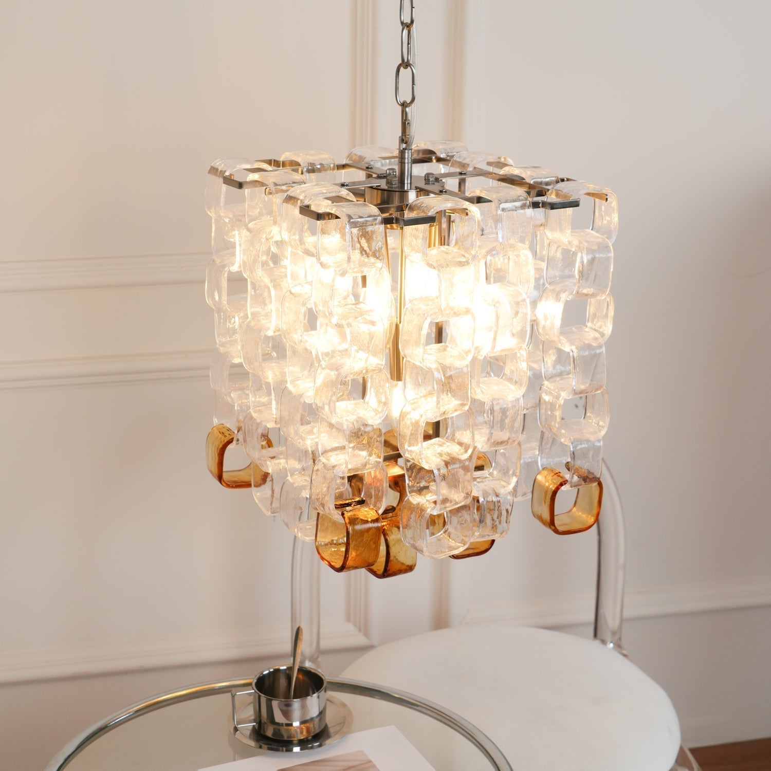 Murano Poliarte Interlocking Chandelier ? 12.6″ x H 16.1″ / Clear & Amber & Chrome Chandelier