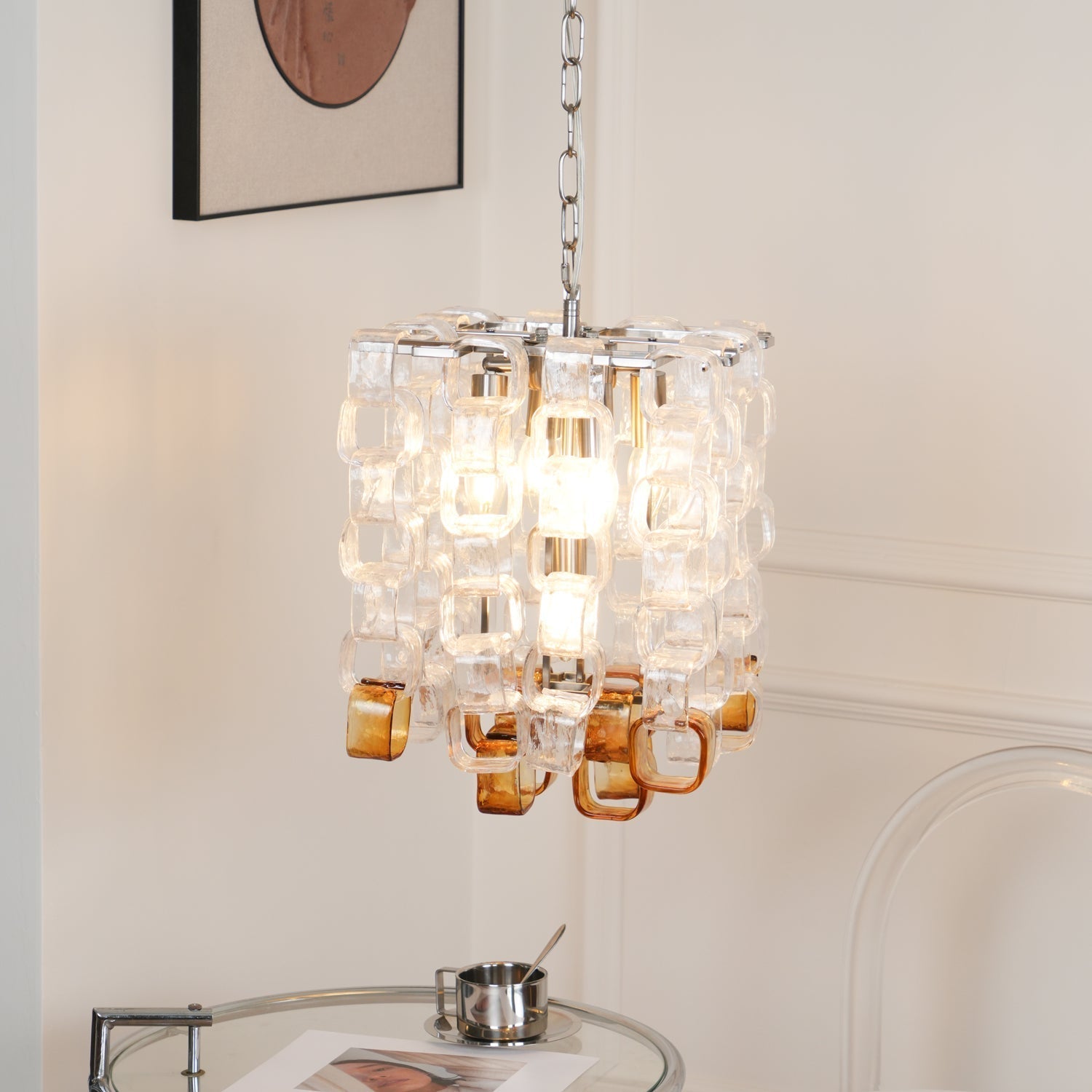 Murano Poliarte Interlocking Chandelier ? 12.6″ x H 16.1″ / Clear & Amber & Chrome Chandelier