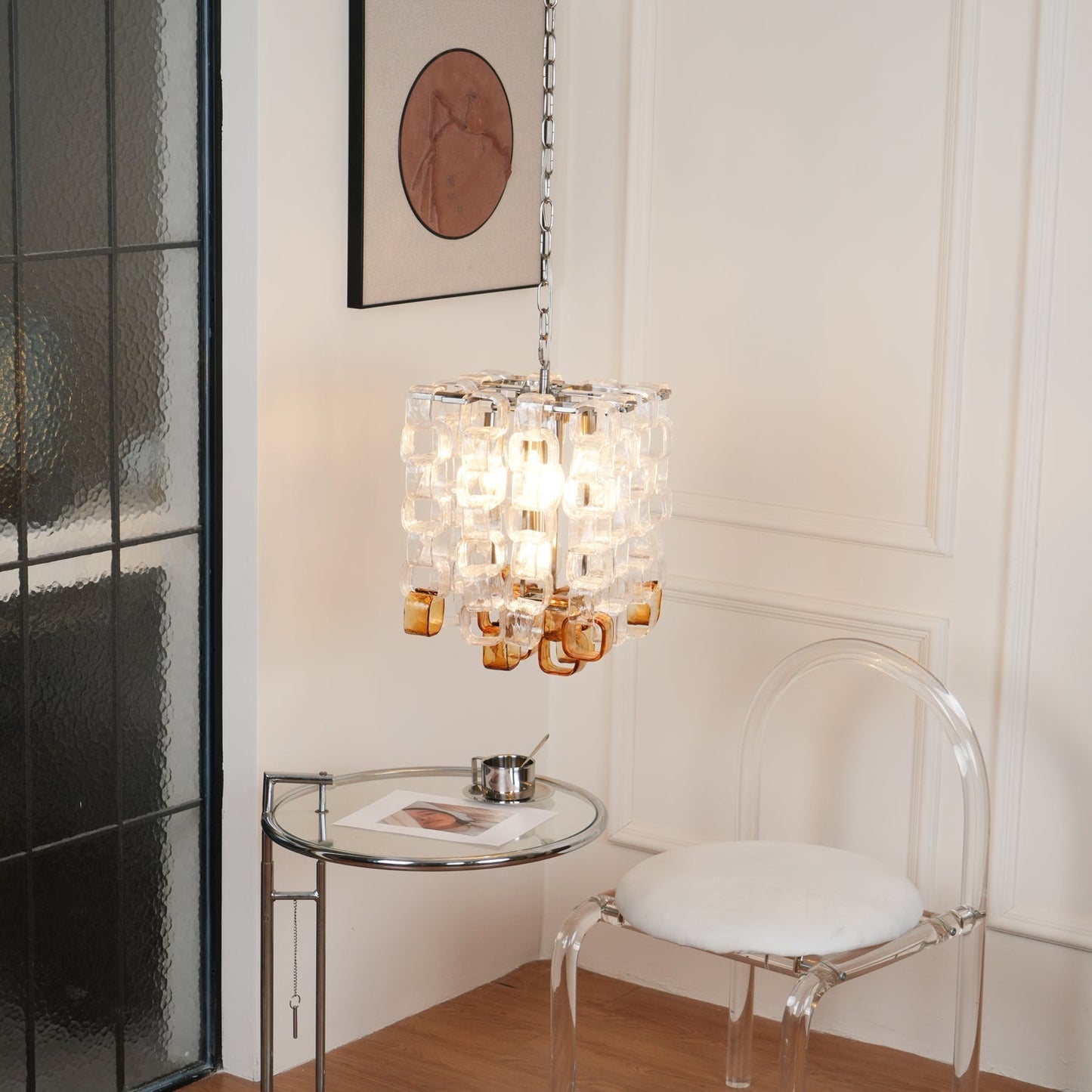 Murano Poliarte Interlocking Chandelier ? 12.6″ x H 16.1″ / Clear & Amber & Chrome Chandelier