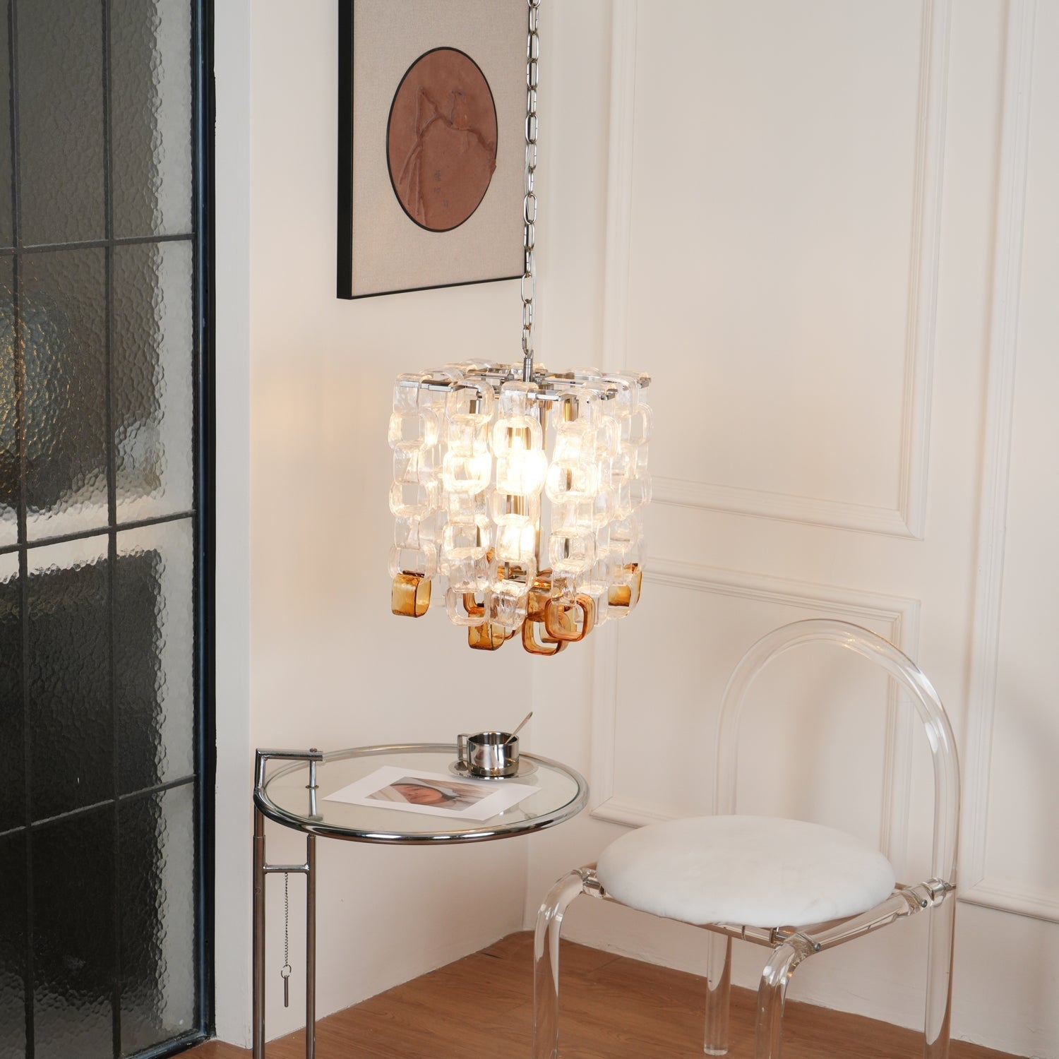 Murano Poliarte Interlocking Chandelier ? 12.6″ x H 16.1″ / Clear & Amber & Chrome Chandelier