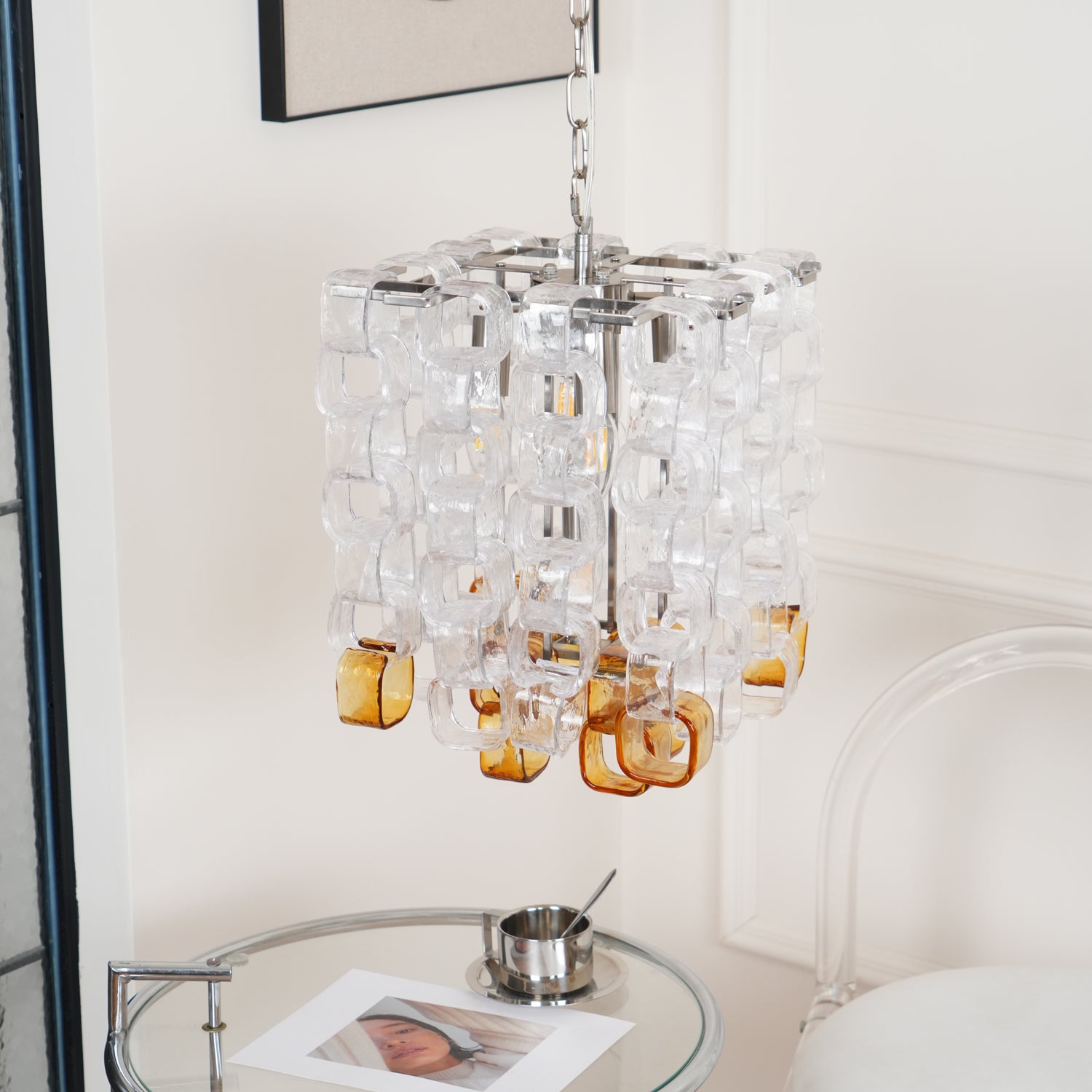 Murano Poliarte Interlocking Chandelier ? 12.6″ x H 16.1″ / Clear & Amber & Chrome Chandelier