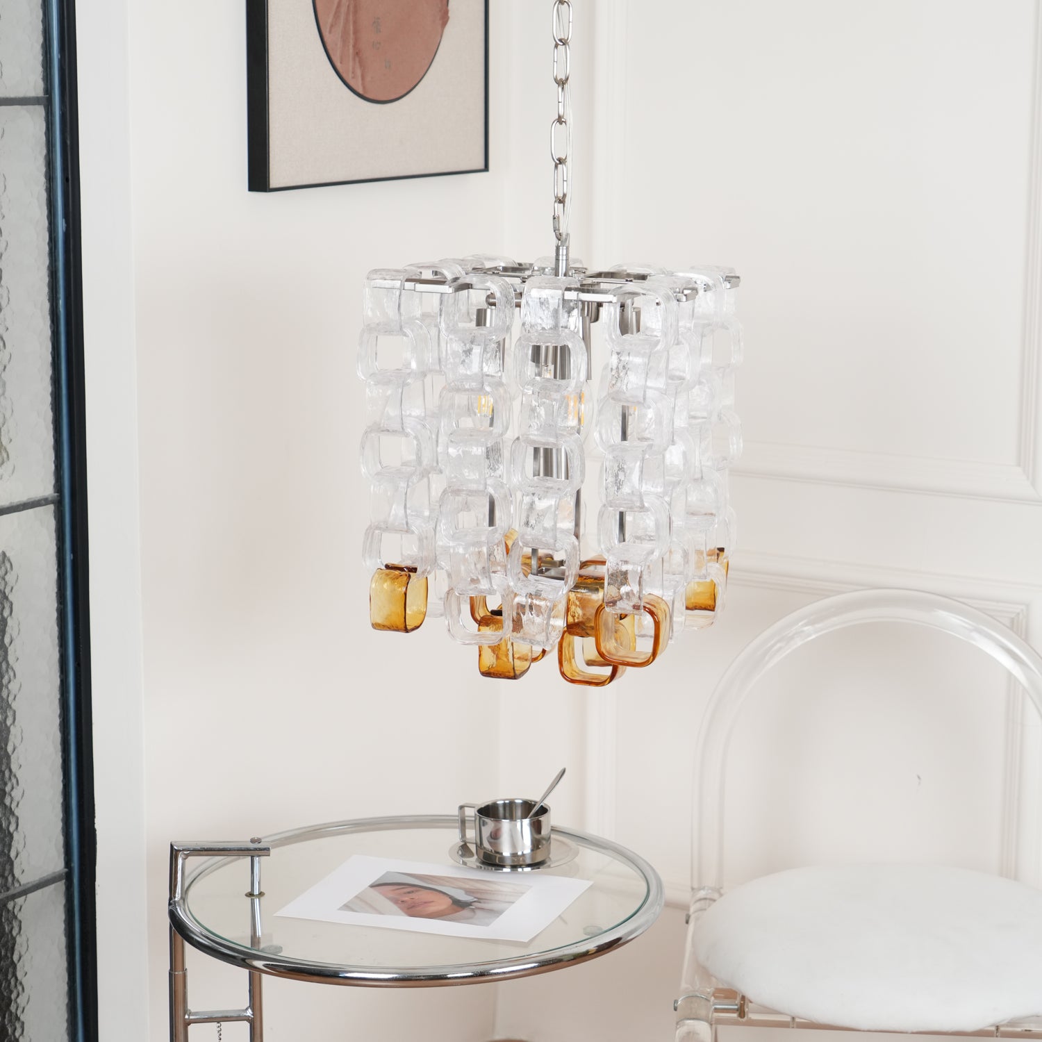 Murano Poliarte Interlocking Chandelier ? 12.6″ x H 16.1″ / Clear & Amber & Chrome Chandelier