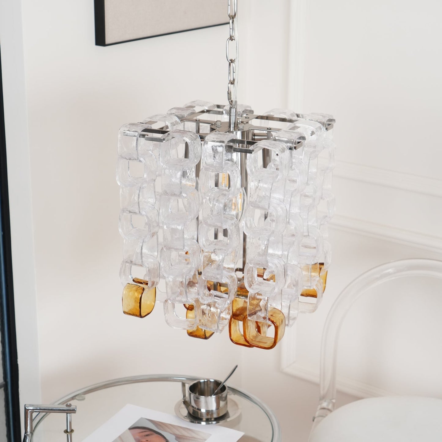Murano Poliarte Interlocking Chandelier ? 12.6″ x H 16.1″ / Clear & Amber & Chrome Chandelier